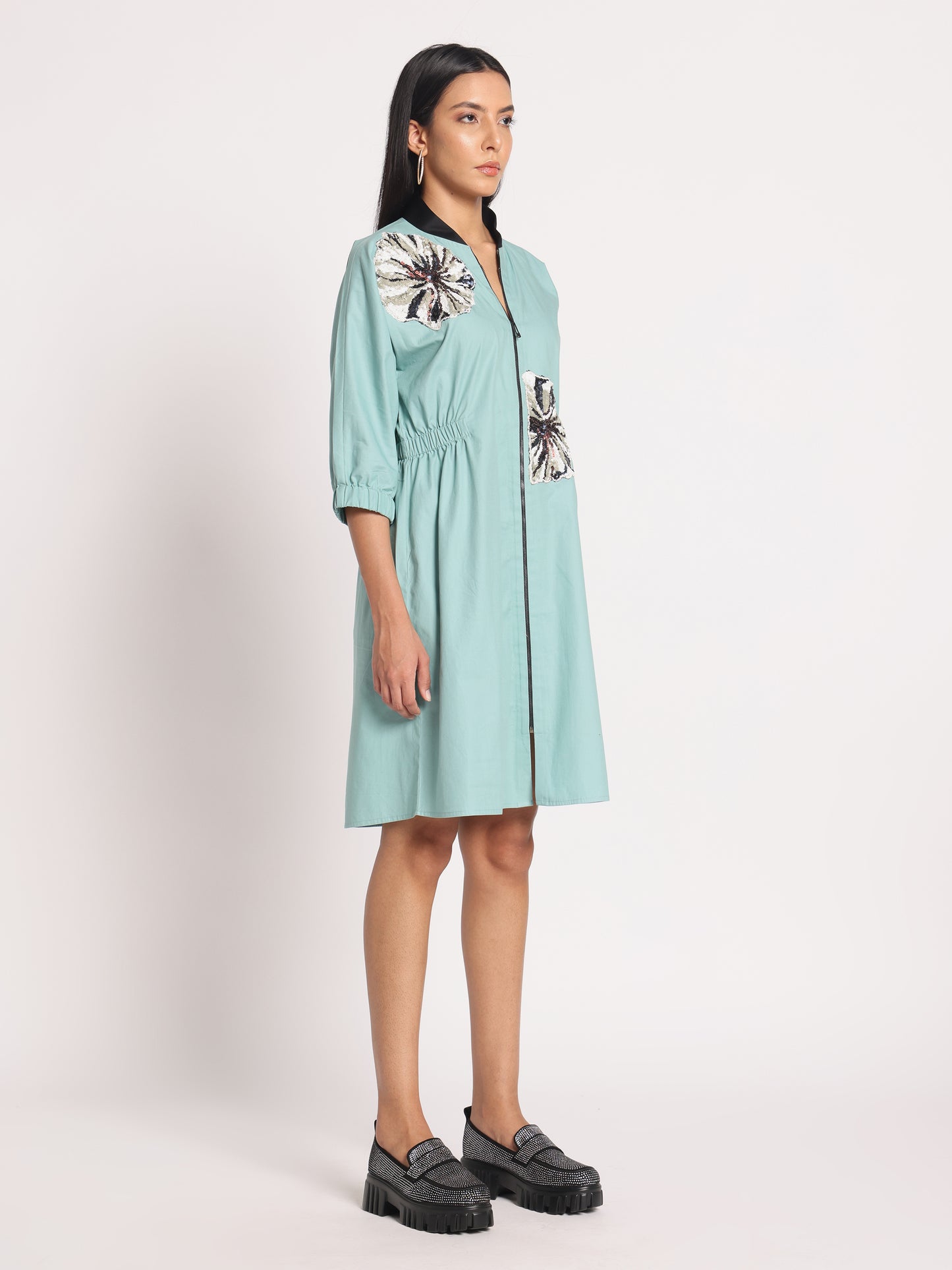 SEQUINNED EMBROIDERED FRONT ZIPPER DRESS