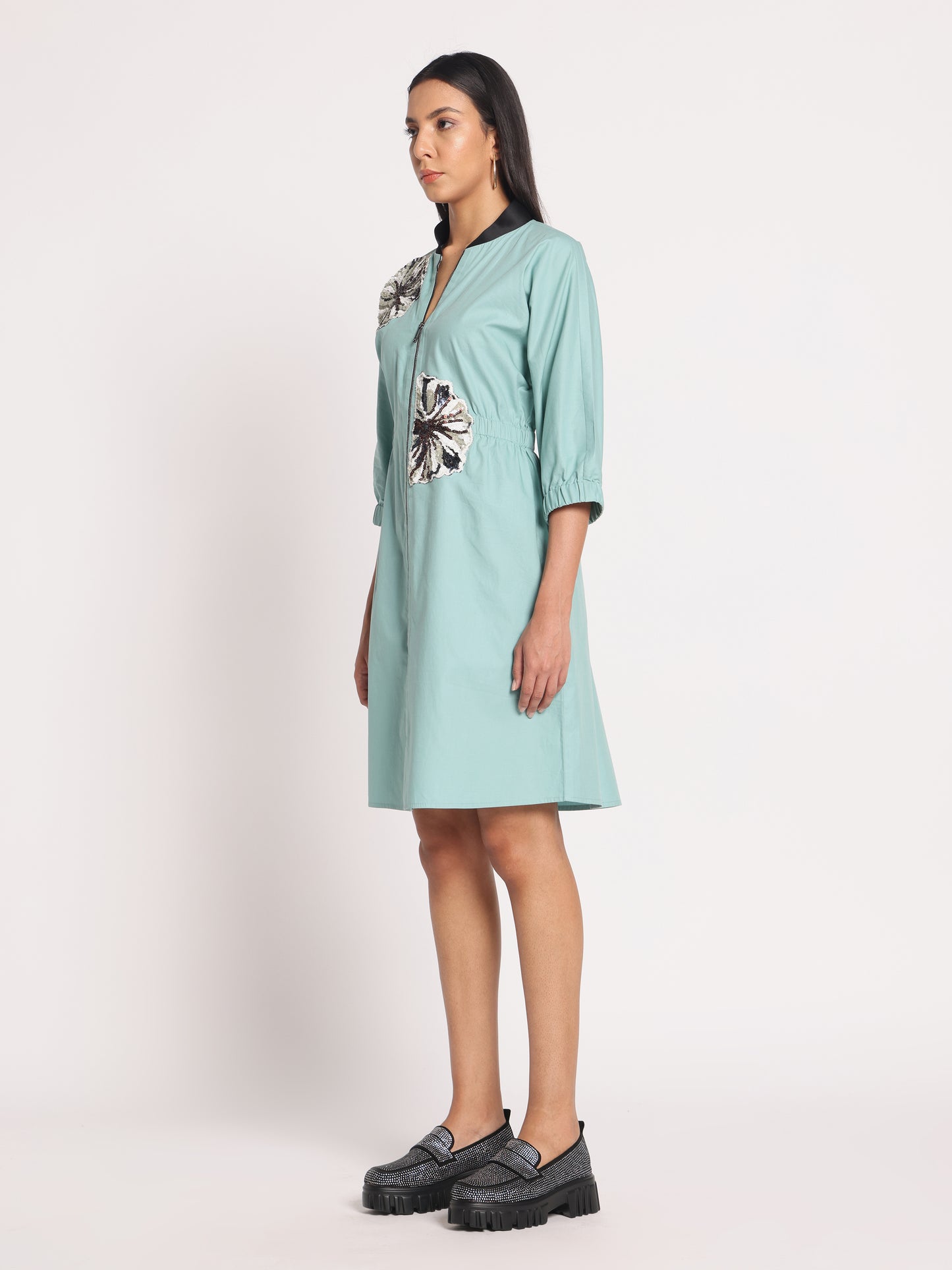 SEQUINNED EMBROIDERED FRONT ZIPPER DRESS