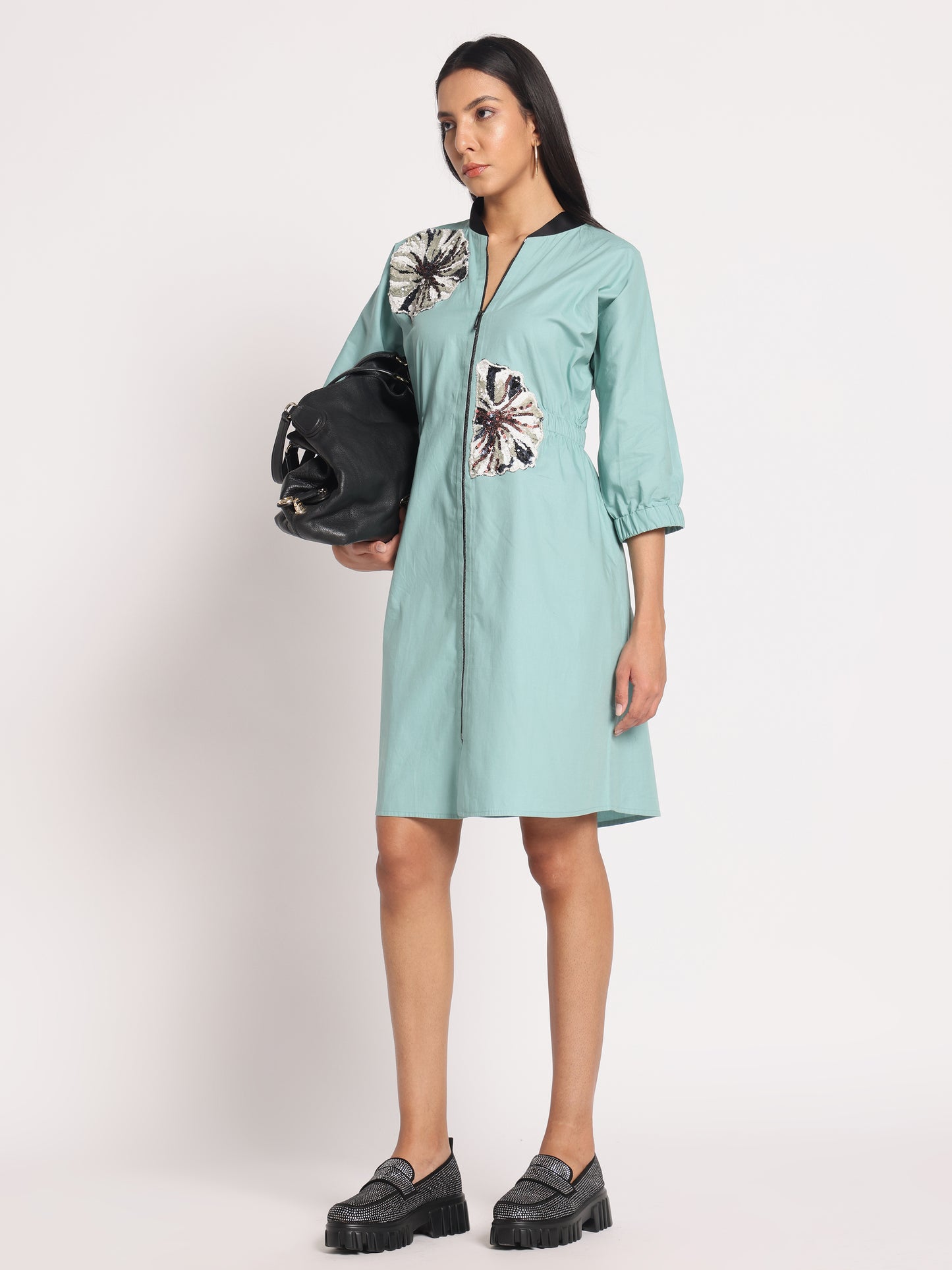 SEQUINNED EMBROIDERED FRONT ZIPPER DRESS