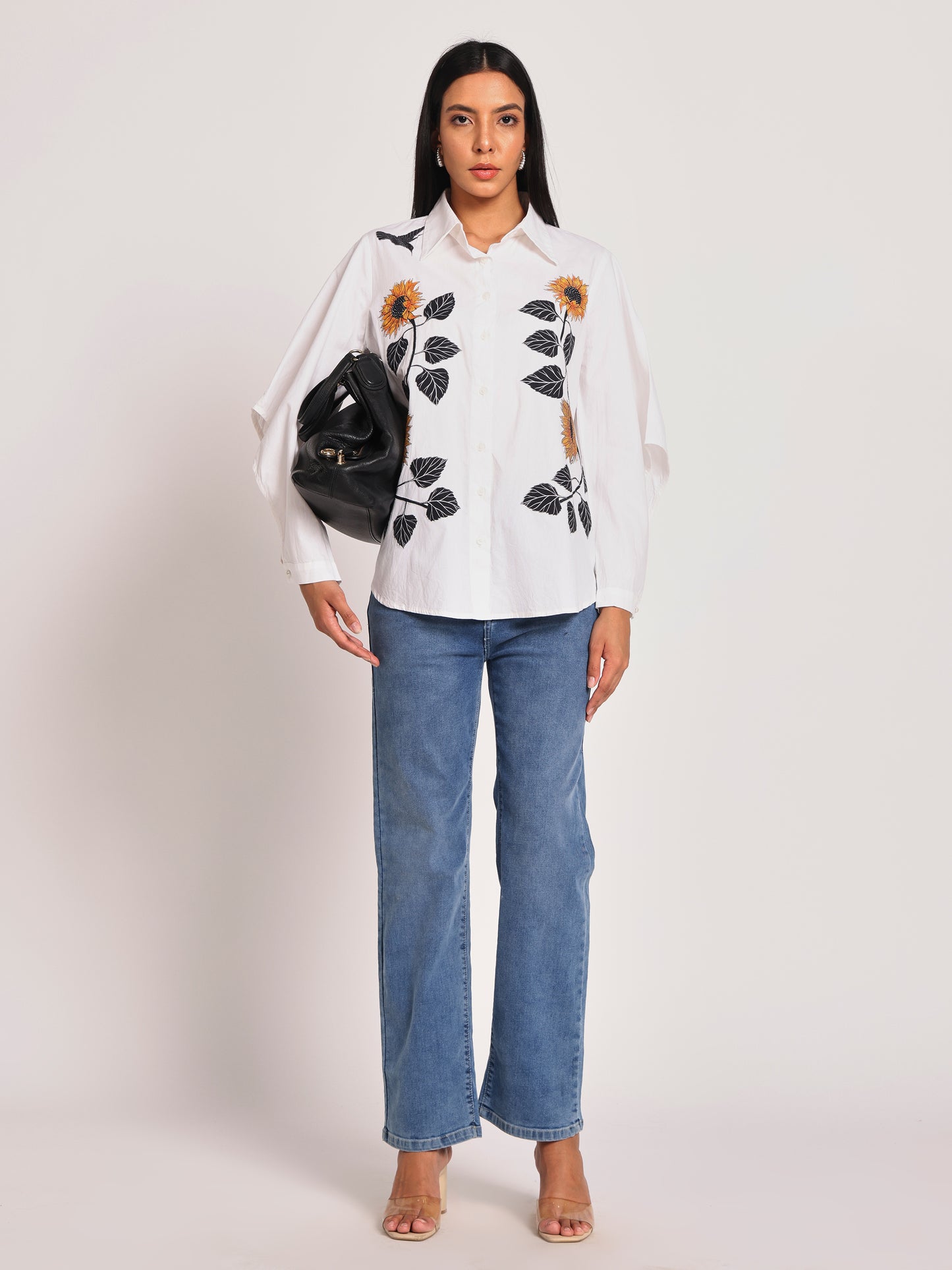 SUNFLOWR EMBROIDERED EXEGERATED SLEEVE SHIRT