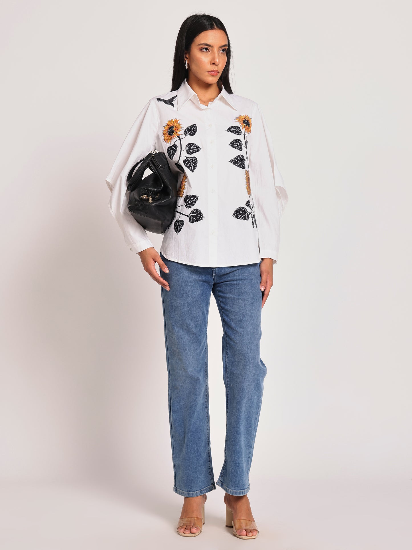 SUNFLOWR EMBROIDERED EXEGERATED SLEEVE SHIRT