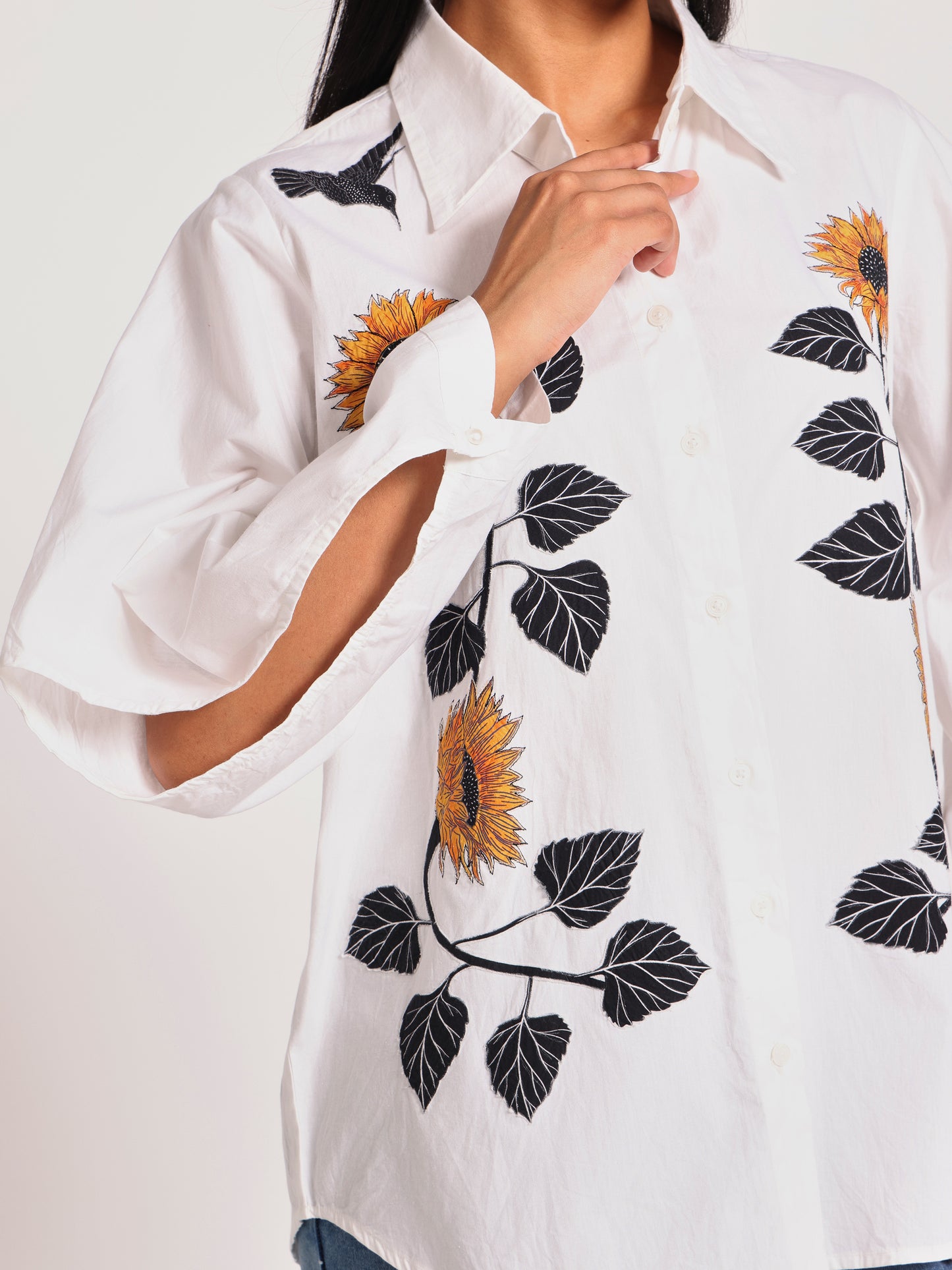 SUNFLOWR EMBROIDERED EXEGERATED SLEEVE SHIRT