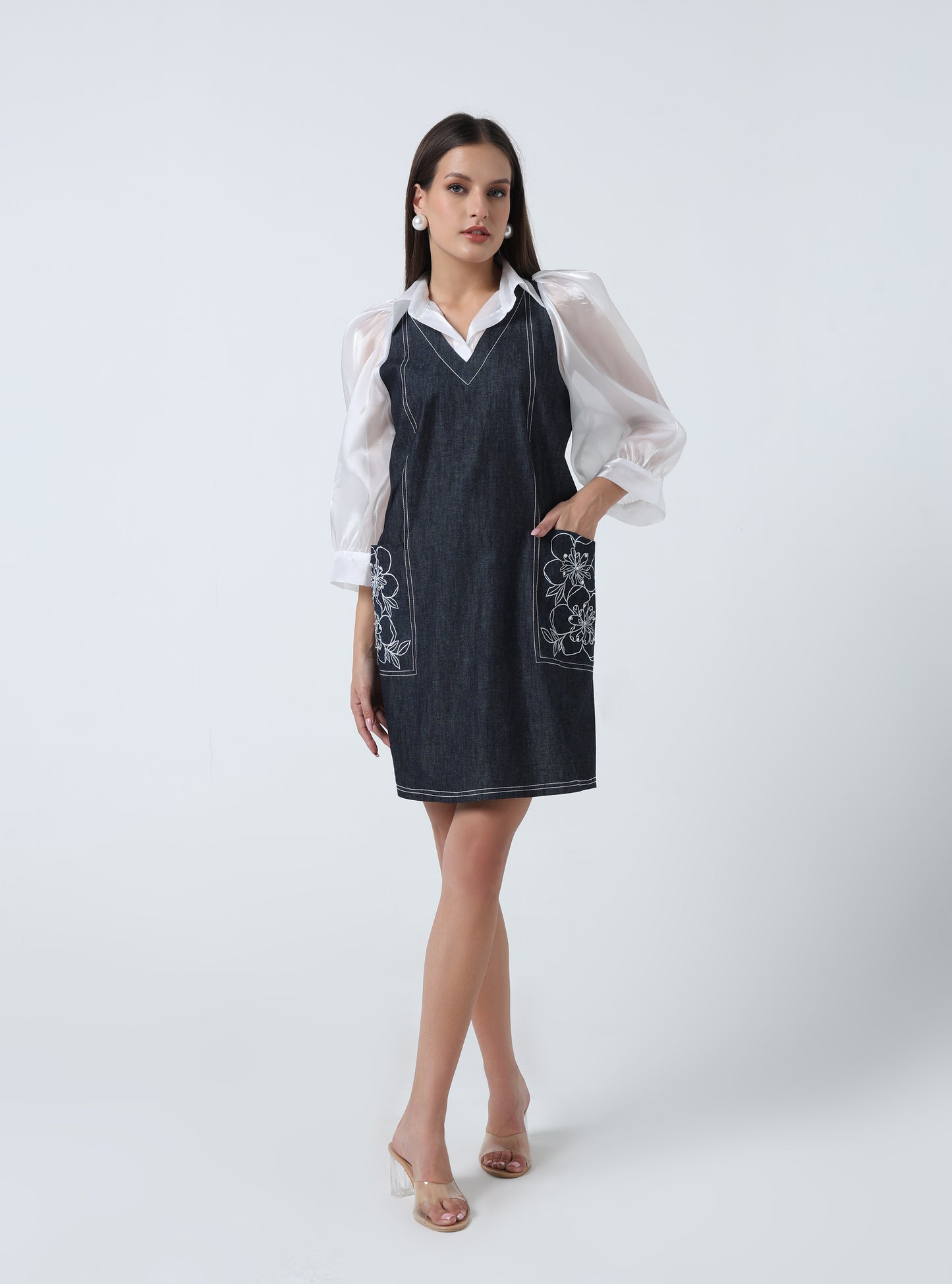 EMBROIDERED POCKET DETAIL DENIM DRESS