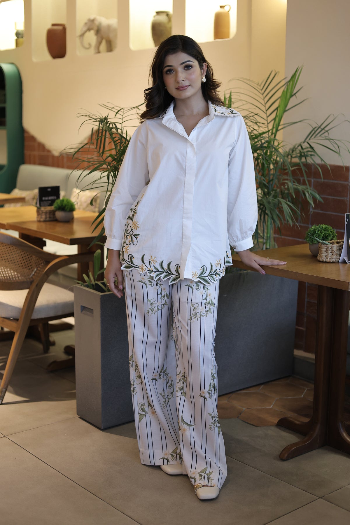Embroidered shirt with striped pants