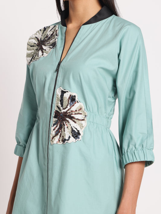 SEQUINNED EMBROIDERED FRONT ZIPPER DRESS