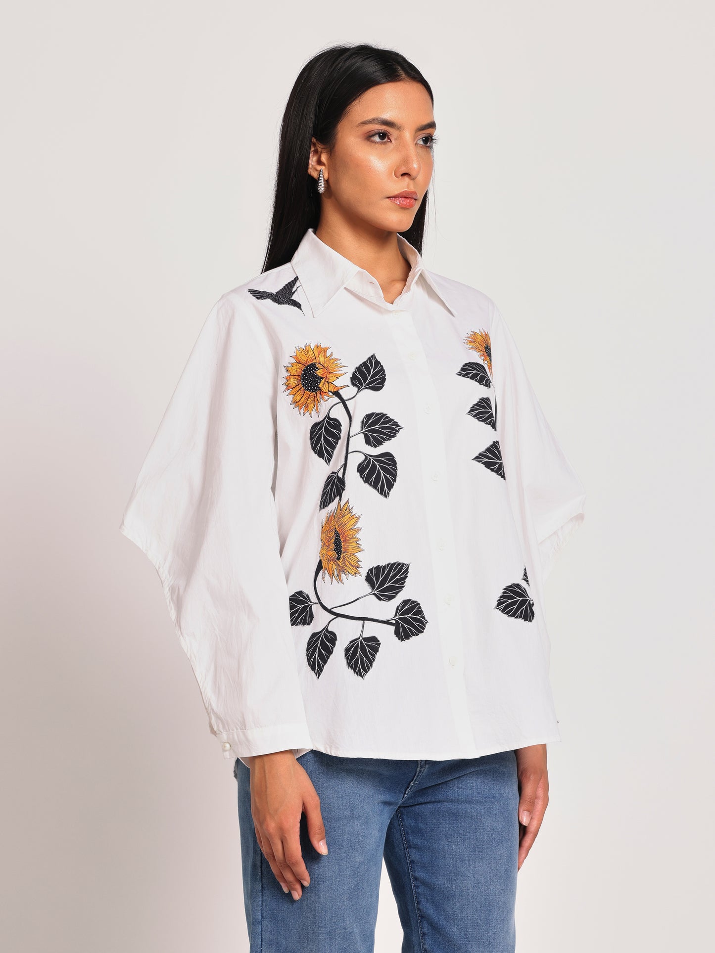 SUNFLOWR EMBROIDERED EXEGERATED SLEEVE SHIRT