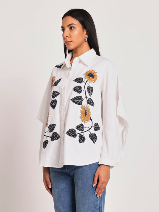 SUNFLOWR EMBROIDERED EXEGERATED SLEEVE SHIRT
