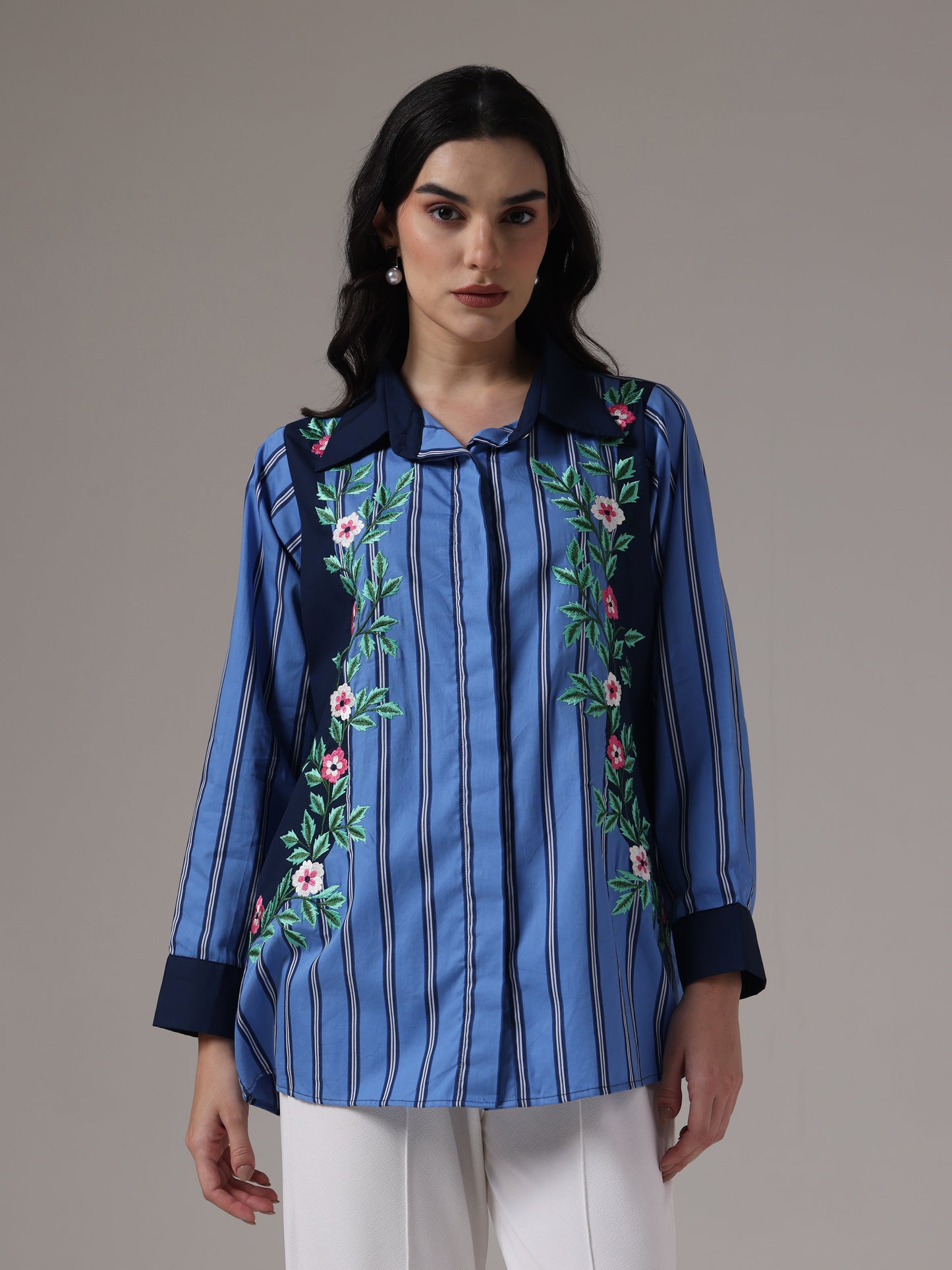 EMBROIDERED STRIPES PANELLED SHIRT