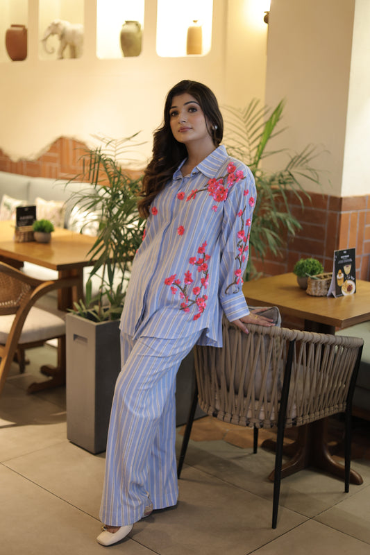 Hand embroidered striped coordset