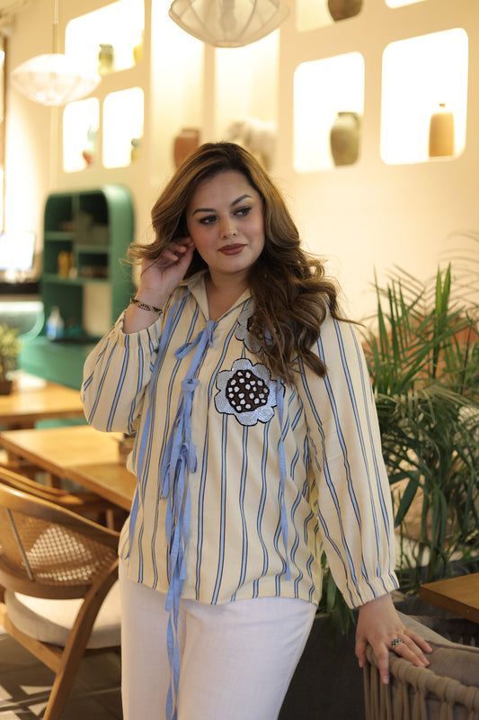 Striped shirt with hand embroidered  patches