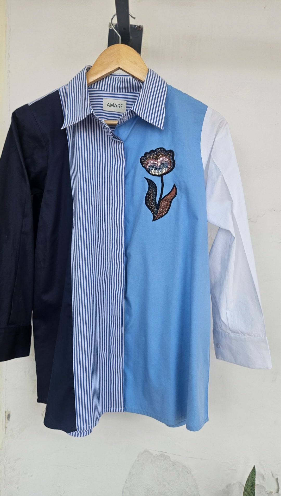 Panelled colorblocked embroidered shirt