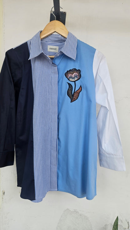 Panelled colorblocked embroidered shirt