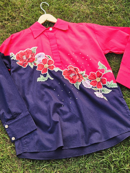 Colorblocked camellias shirt