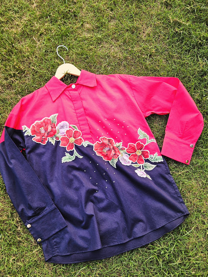 Colorblocked camellias shirt