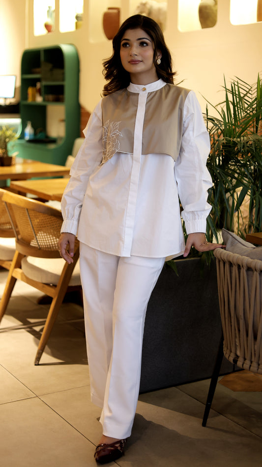 Color blocked embroidered yoke shirt