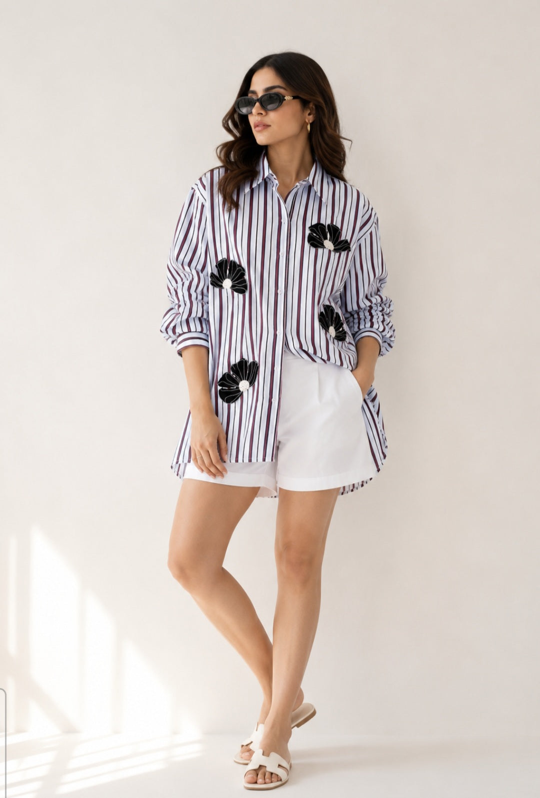 Stripes with Floral hand embellished shirt