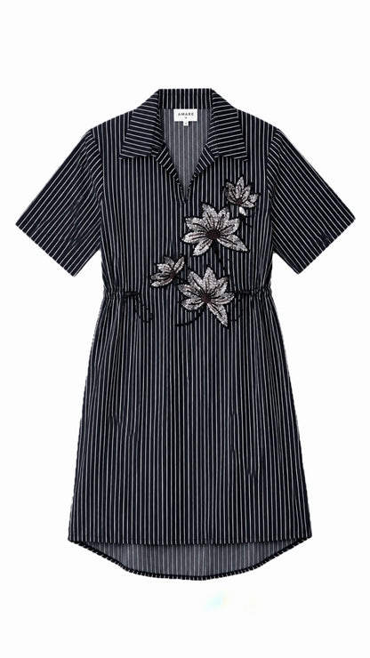 Stripes dress with sequin embroidered flower dress