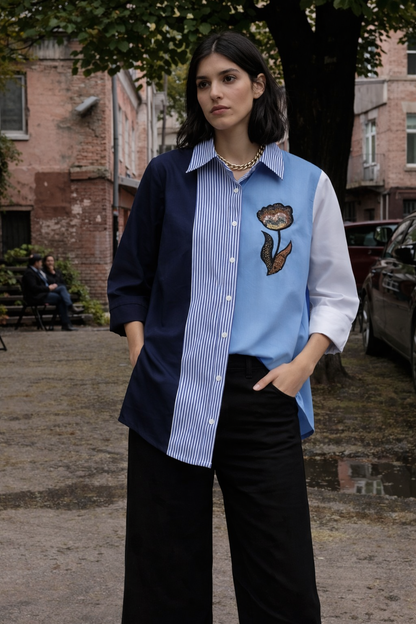 Panelled colorblocked embroidered shirt