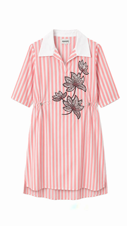 Stripes dress with sequin embroidered flower dress