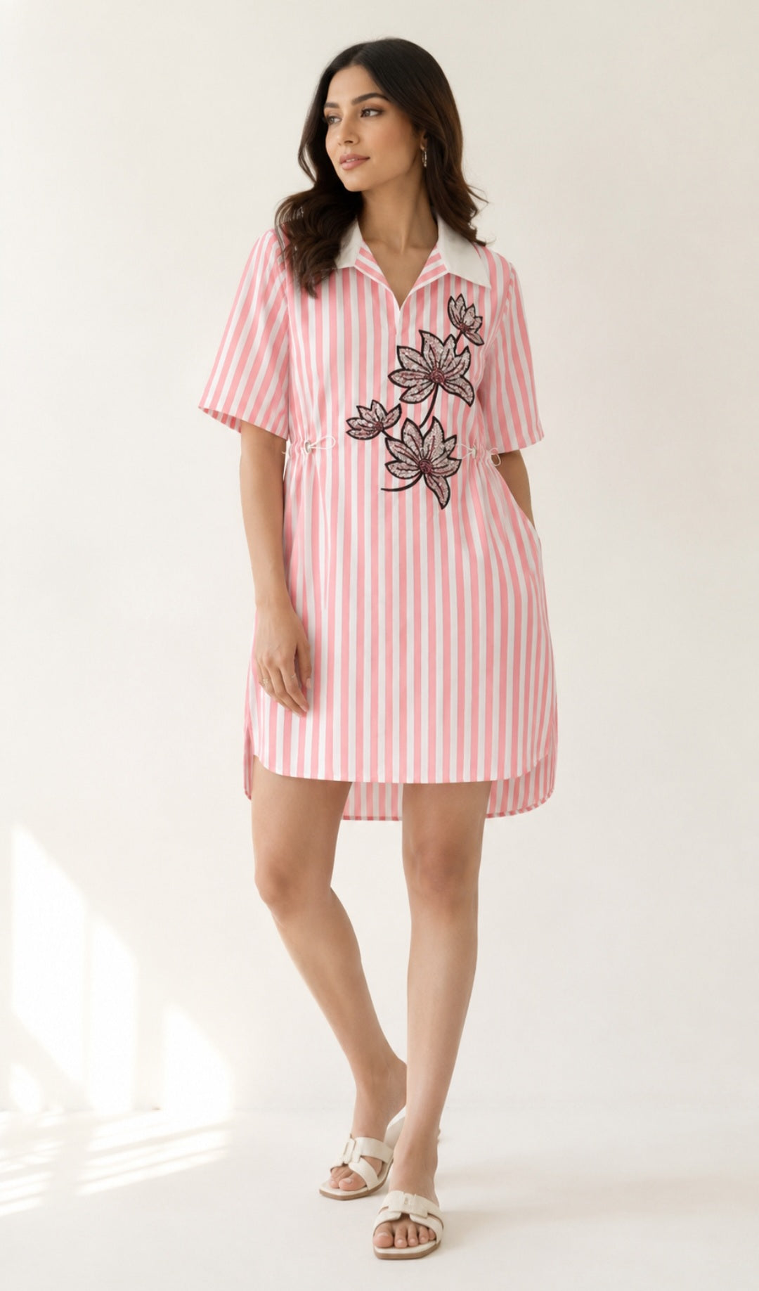 Stripes dress with sequin embroidered flower dress