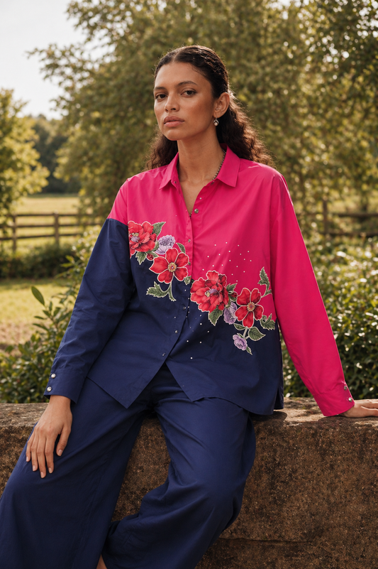 Colorblocked camellias shirt