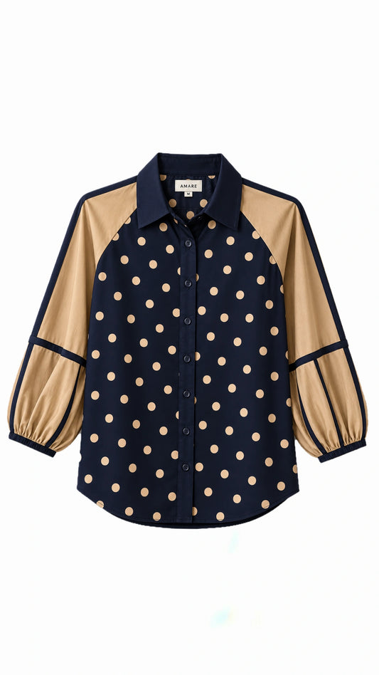 Colorblocked polka shirt with sleeve detail